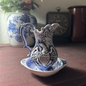 SOLD Blue and White Ceramic Pitcher with Eagle Design vintage